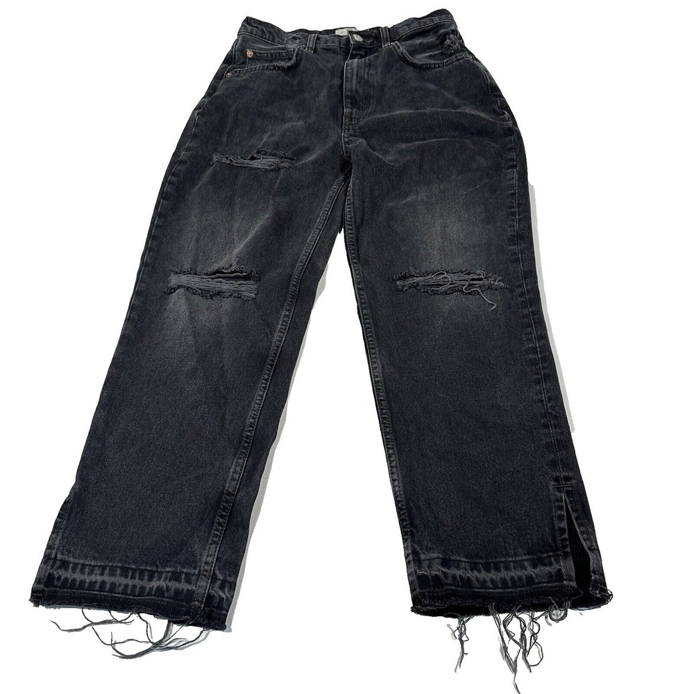 Free People Distressed Wide Leg‎ Black Denim Jeans Cropped Raw Hem Side Slit 27